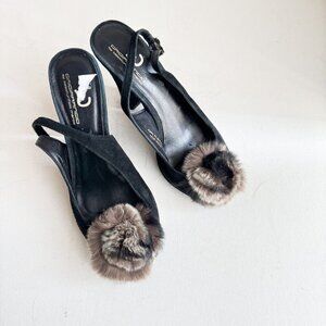 Suede Leather Fur Rosette Detail Peep toe Sling Back Heels 6.5